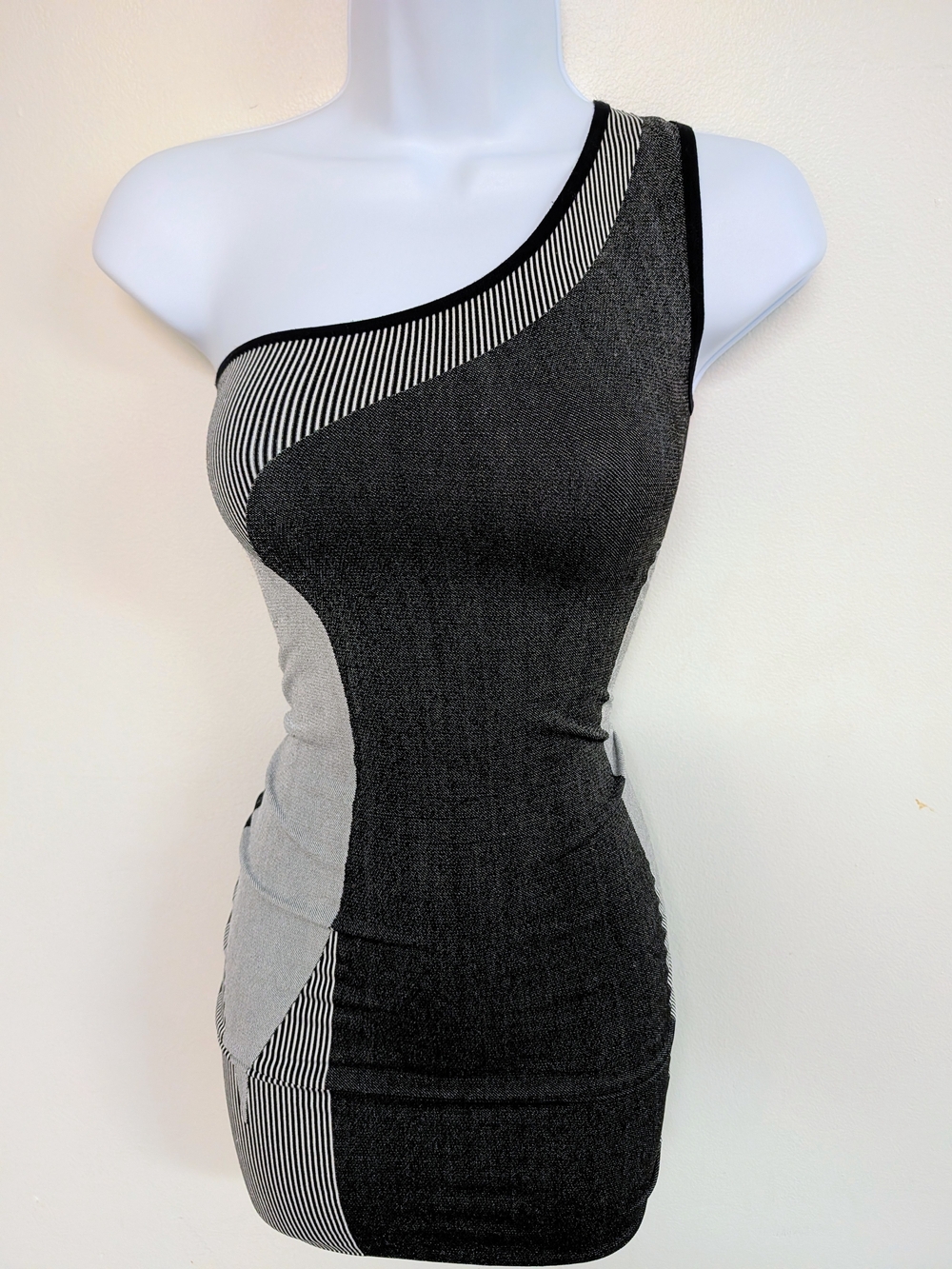 bebe Y2K One-Shoulder Black & Gray Panel Bodycon Dress